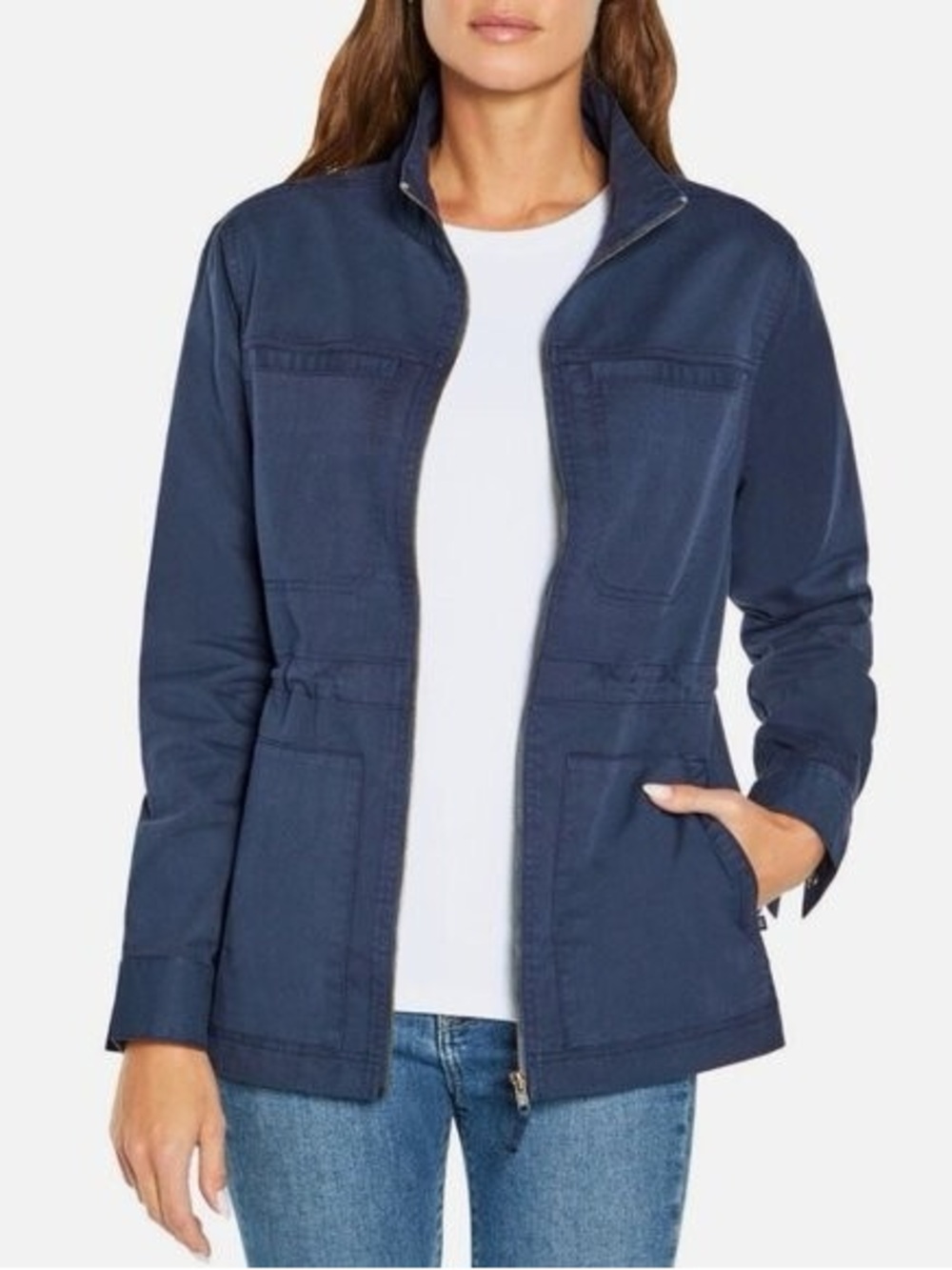Gap Women’s Navy Blue Utility Field Jacket XL Cinch Waist Full Zip Cotton Cargo